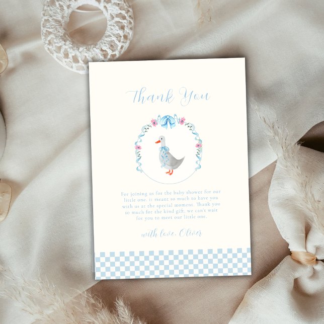 Blå Gingham Woodland Silly Goose Barnkalas Tack Kort (Blue Gingham Woodland Silly Goose Baby Shower Thank You Card)