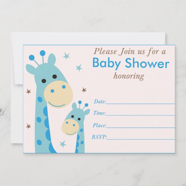 Blå giraff baby shower inbjudan (Framsida)