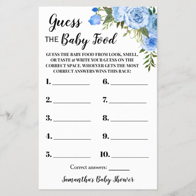 Blå gissning, Baby Food Baby Shower Game Card Flygblad (Framsidan)