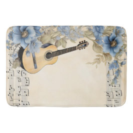 Blå gitarr musik notblad blommor badrumsmatta