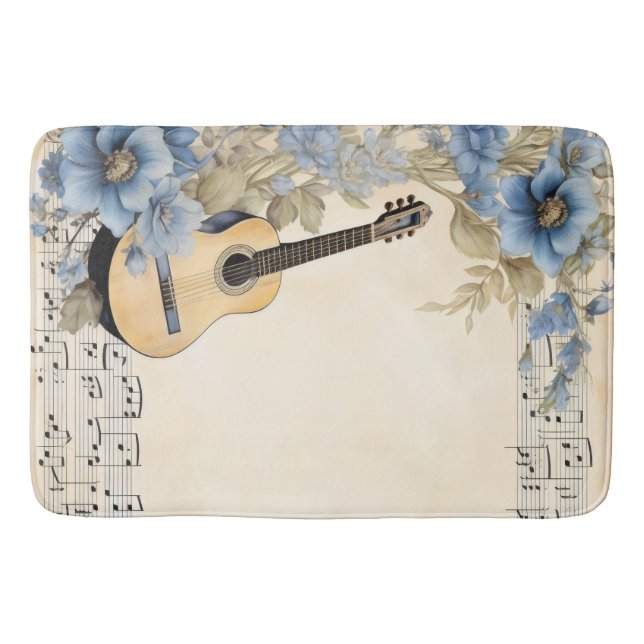 Blå gitarr musik notblad blommor badrumsmatta (Framsidan)