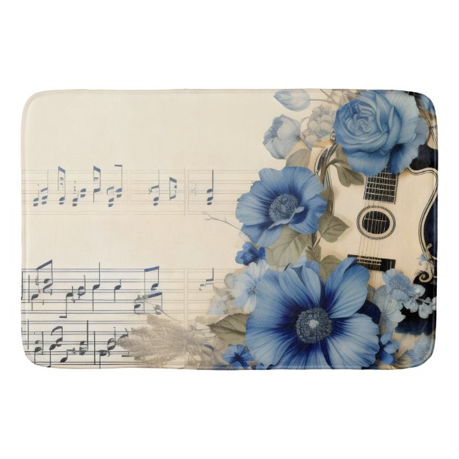 Blå gitarr musik notblad blommor badrumsmatta (Framsidan)