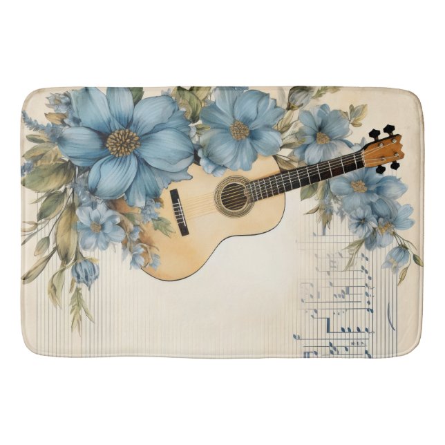 Blå gitarr musik notblad blommor badrumsmatta (Framsidan)
