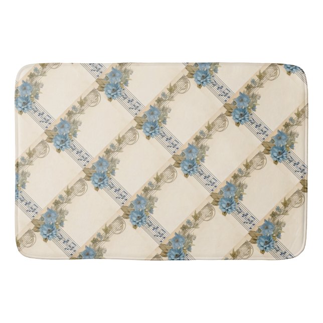 Blå gitarr musik notblad blommor badrumsmatta (Framsidan)