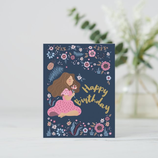 Blå Glad Födelsedag Dam Blommig Blommor Postkort Vykort (Stående Fram)