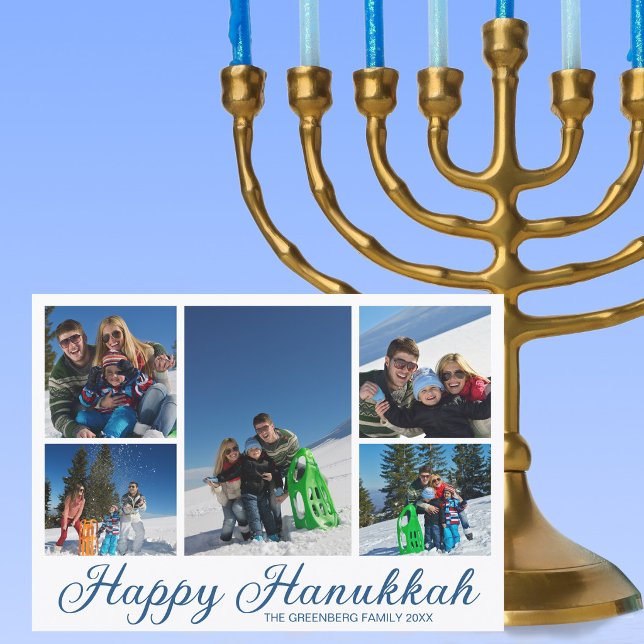Blå Glad Hanukkah Familjefoto Collage Julkort (Skapare uppladdad)