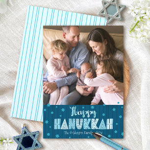 Blå Glad Hanukkah Foto Modern Rolig Typografi Julkort