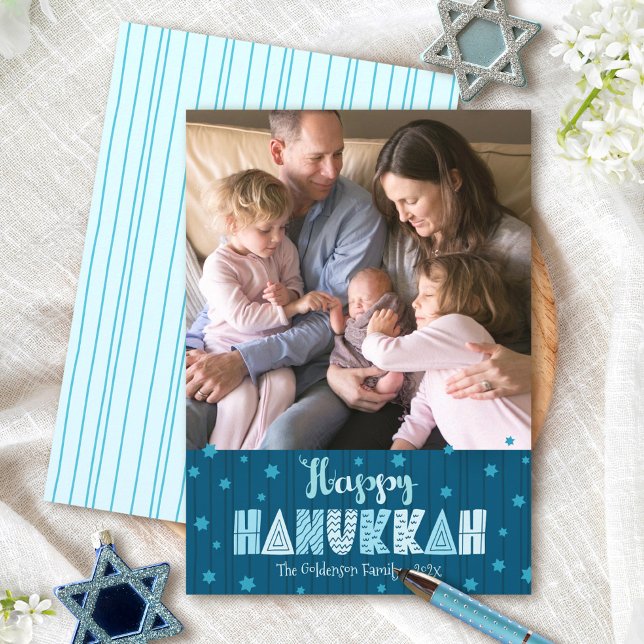 Blå Glad Hanukkah Foto Modern Rolig Typografi Julkort (Skapare uppladdad)