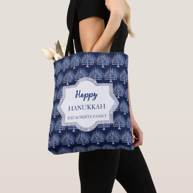 Blå Glad Hanukkah Menorah Mönster Tygkasse (Närbild)