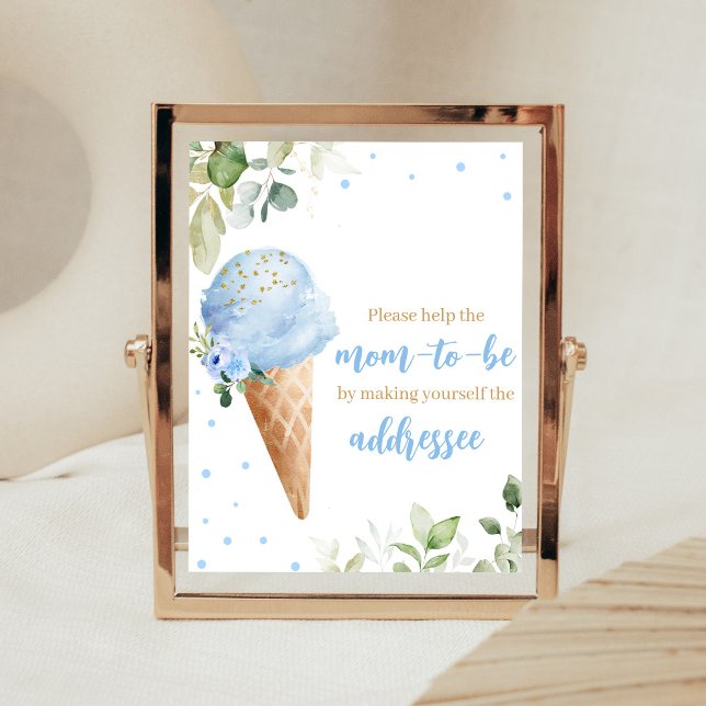 Blå Glass Baby Shower Kuvert Station Skylt (Ice Cream Baby Shower Envelope Station Sign)