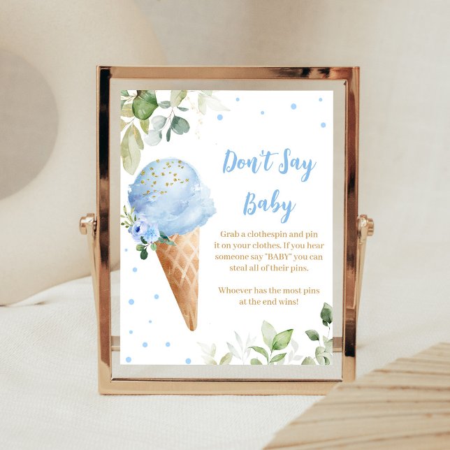 Blå Glass Baby Shower Säga Inte Baby Skylt (Ice Cream Baby Shower Don't Say Baby Sign)