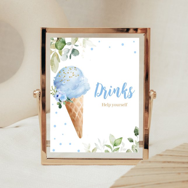Blå Glass Sign för Baby Shower Drycker Poster (Ice Cream Baby Shower Drinks Sign)