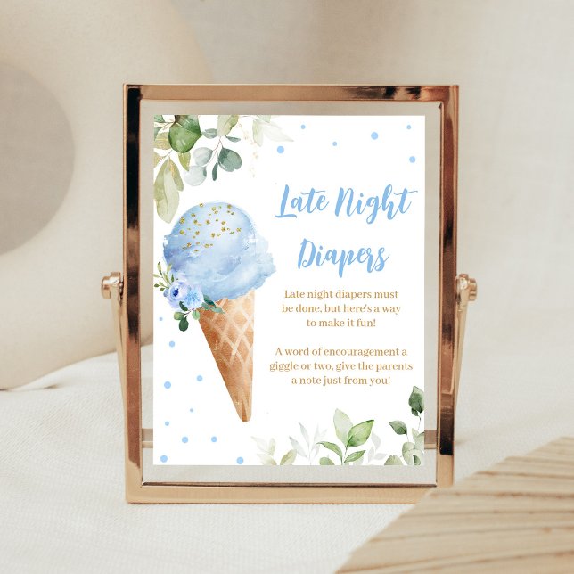 Blå Glassbabyshower Sent Blöjor-Tecken för Sena Na Poster (Ice Cream Baby Shower Late Night Diapers Sign)