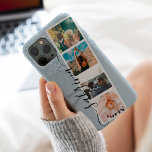 Blå glitter 4-fotostödraster namn monogram<br><div class="desc">Modern 4-fodrutespolare namn och mongram isblått glitter-gnistor på dammig teal med ett foto-booth-kollage stil</div>