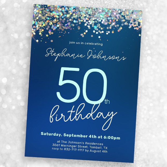 Blå Glitter 50:e Födelsedagsfesten Inbjudningar (Mock-up view)