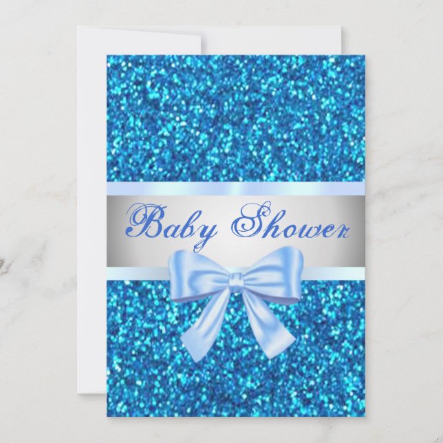 Blå Glitter Blå Band Baby Shower Inbjudan (Framsida)
