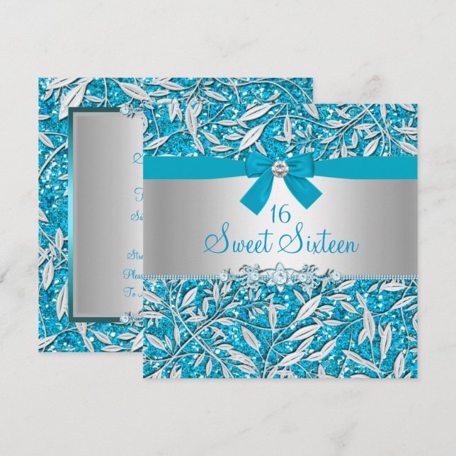 Blå Glitter & Bow Sweet Sixteen Inbjudan (Fram/baksida)