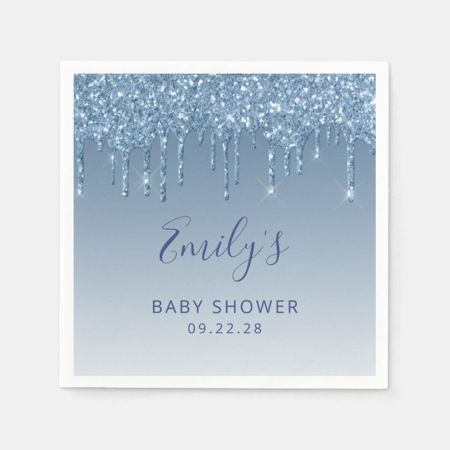 Blå Glitter Drip Baby Shower Pappersservett (Framsidan)