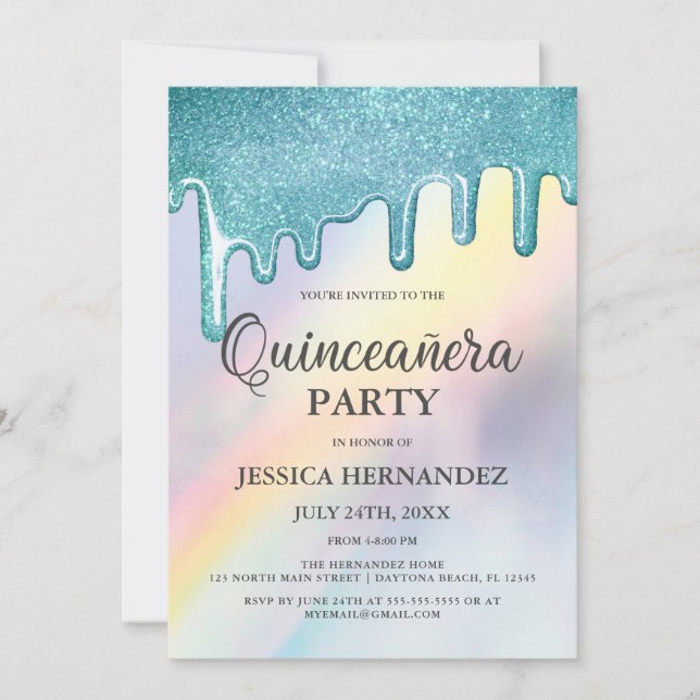Blå Glitter-drivrutin för regnbåge (Quinceañera) Inbjudningar (Framsida)