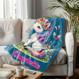 Blå Glitter enhörning äng vilda blommor  Fleecefilt
