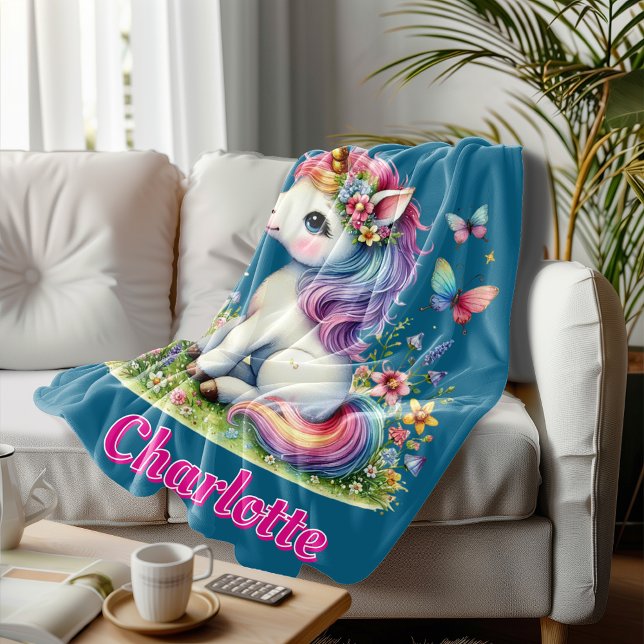 Blå Glitter enhörning äng vilda blommor  Fleecefilt (Skapare uppladdad)