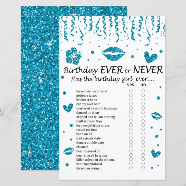 Blå glitter-födelsedag Aldrig eller aldrig (Fram/baksida)