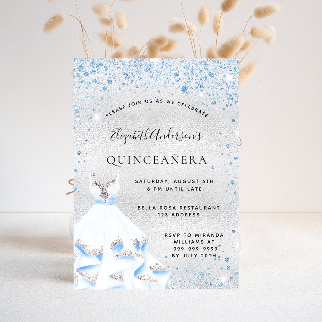 Blå glitter i Quinceanera silver är lyxkläder Inbjudningar (Skapare uppladdad)