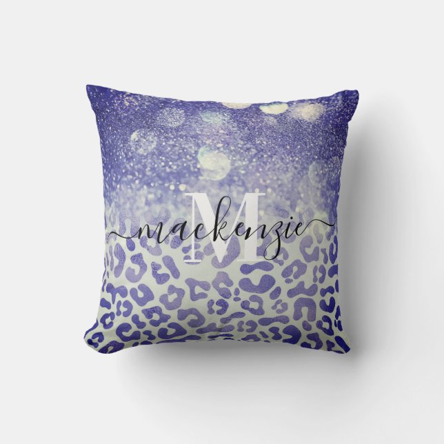 Blå Glitter Leopard Skriv ut Kudde (Framsida)