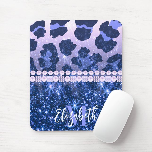 Blå Glitter Leopard Skriv ut Musmatta (Med mus)