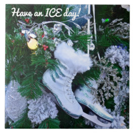 Blå Glitter och Päls Ice Skates på Julgran Kakelplatta