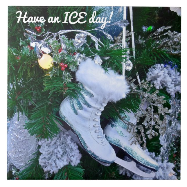Blå Glitter och Päls Ice Skates på Julgran Kakelplatta (Framsidan)