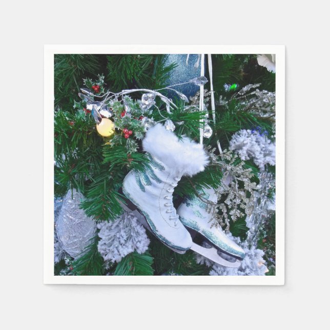 Blå Glitter och Päls Ice Skates på Julgran Pappersservett (Framsidan)