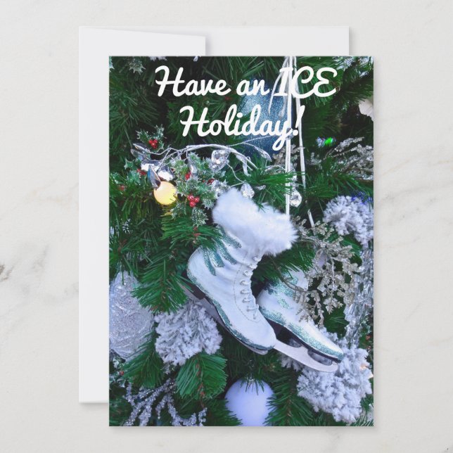 Blå glitter och päls isskridskor på julgranen julkort (Framsida)