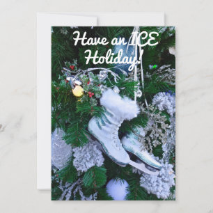 Blå glitter och päls isskridskor på julgranen julkort