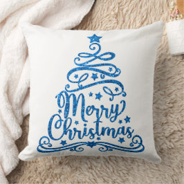 Blå Glitter och Vita God jul Träd Kudde