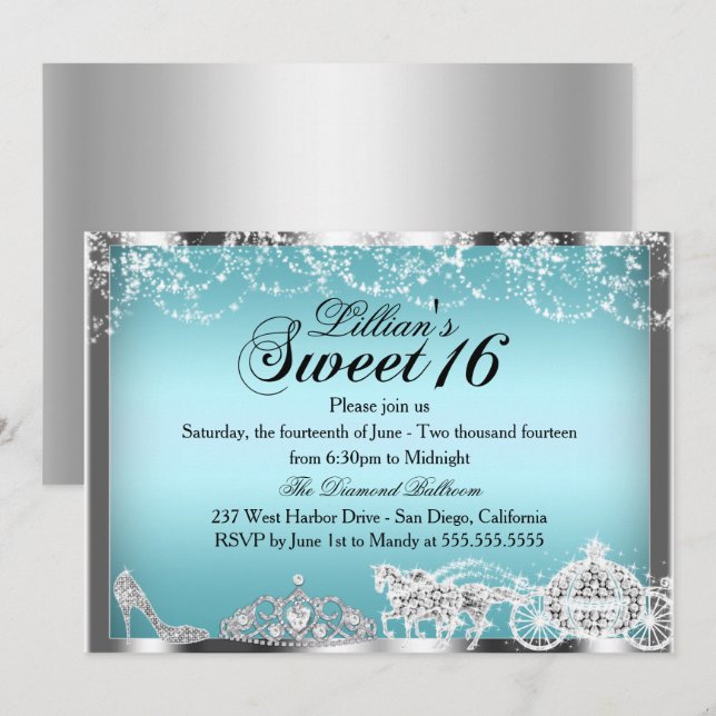Blå Glitter Prinsessa Tema Sweet 16 Inbjudan (Fram/baksida)