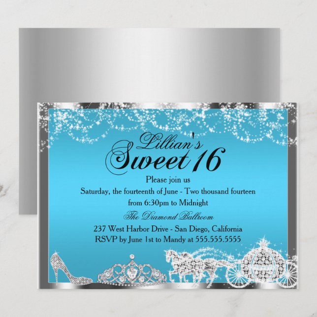 Blå Glitter Prinsessa Tema Sweet 16 Inbjudan (Fram/baksida)
