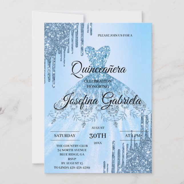 Blå glitter Quinceañera-inbjudan Inbjudningar (Framsida)