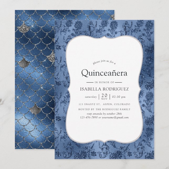 Blå Glitter Siren Mönster Quinceanera Inbjudningar (Fram/baksida)