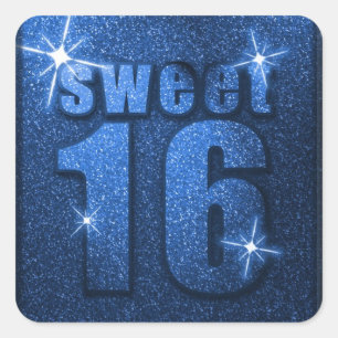 Blå Glitter Sweet 16 Födelsedagsfester Stickers Fyrkantigt Klistermärke