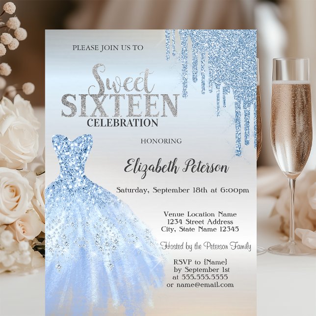 Blå glitterdroppar, blå klänning Silver Sweet 16  Inbjudningar (Skapare uppladdad)