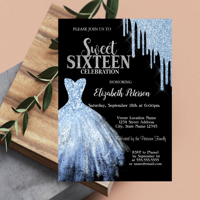 Blå Glitterdroppar, Blå Klänning Svart Sweet 16 Inbjudningar (Skapare uppladdad)