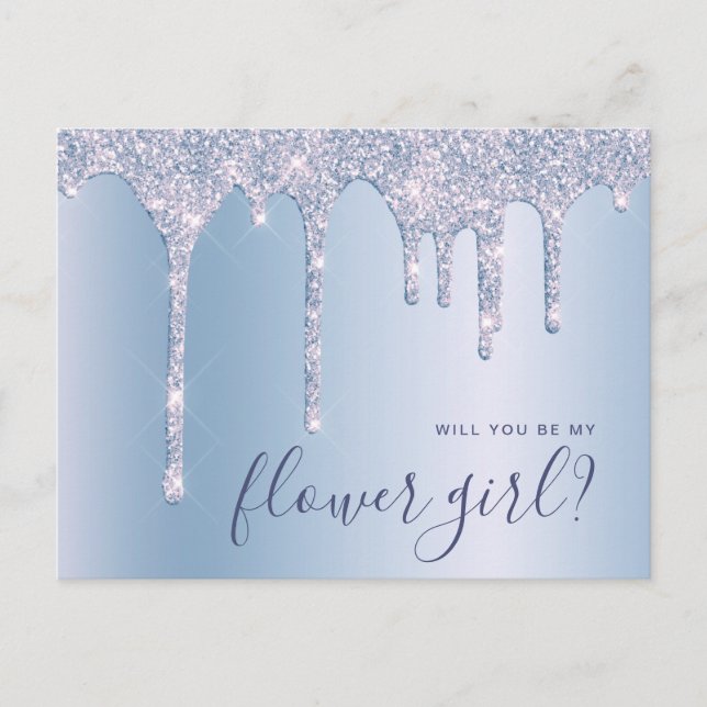 Blå glitterdroppar - blir du min blomsterflicka inbjudan vykort (Framsida)