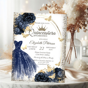Blå glitterklänning, Rosor, Fjärilar Quinceañera Inbjudningar