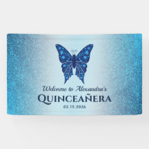 Blå Glittrande Fjäril Quinceañera