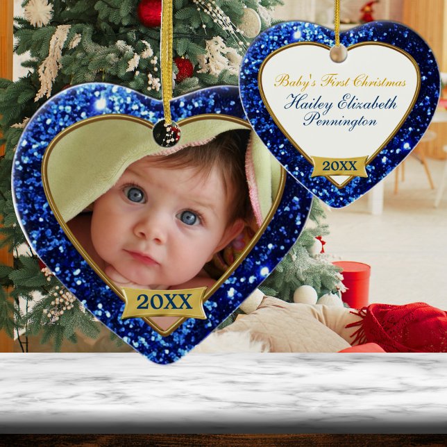 Blå Glittrande Hjärtan Foto Ram Ornament (Skapare uppladdad)