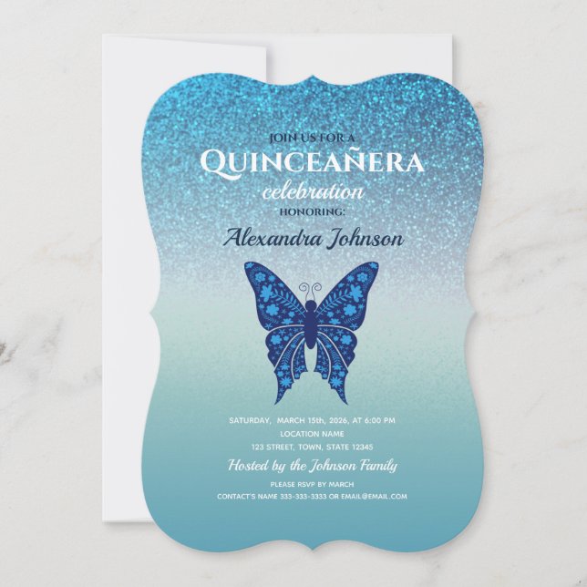 Blå Glittrande Quinceañera Fjäril Inbjudningar (Framsida)