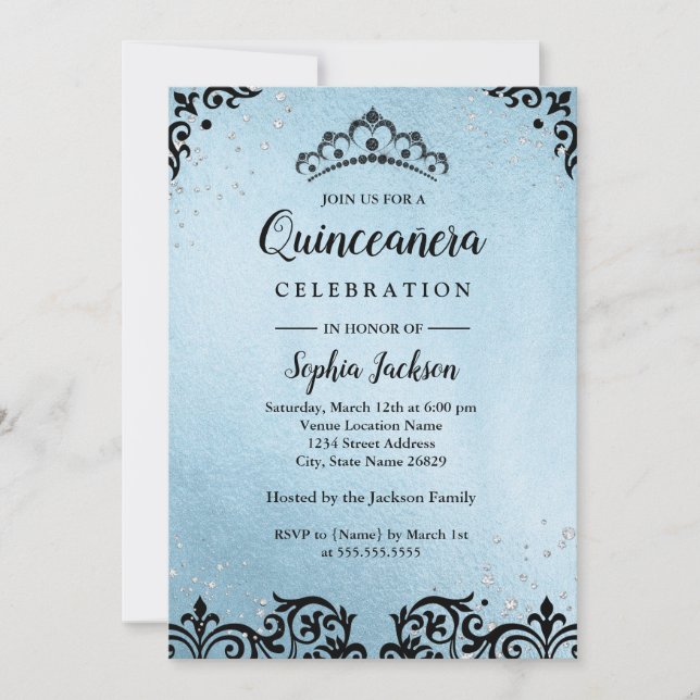 Blå Glittrande Tiara Damask Quinceanera Inbjudningar (Framsida)