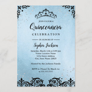 Blå Glittrande Tiara Damask Quinceanera Inbjudningar