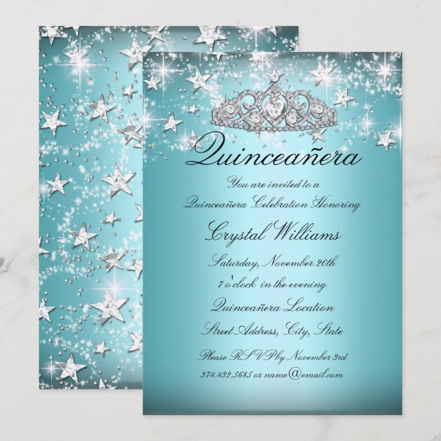 Blå Glittrande Tiara Stjärnor Quinceanera Inbjudan (Fram/baksida)